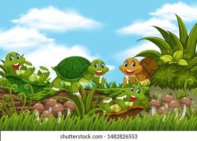 Turtles in jungle scene illustration