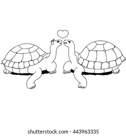 Turtles kissing. Coloring book. Couple turtles woman and man kissing. Card for Valentines Day. Cartoon style. Hand drawing. Vector illustration.