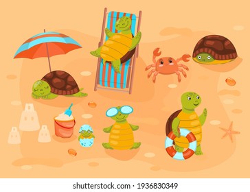 Turtles lying on chaise longue and sunbathing on beach. Cute animals in nature. Flat vector illustration. Tortoises mascots on summer vacation concept