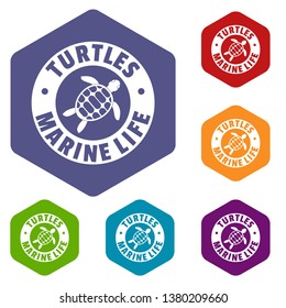 Turtles marine life icons vector colorful hexahedron set collection isolated on white 