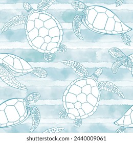 Turtles on blue watercolor background.  Art sea seamless pattern.  Perfect for wallpaper, wrapping, fabric, print and textile. Hand drawn vector illustration.