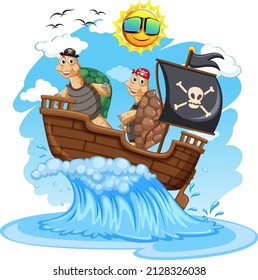 Turtles on pirate ship with ocean wave illustration