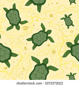 Turtles on the sand - Seamless pattern. World Turtle Day May 23, save nature, Earth and ocean protection. Use for web pages, postcards, printing of flyers, stickers, wallpaper, wrappers, background