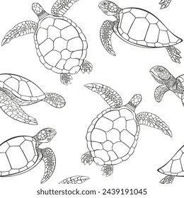 Tortugas en blanco. Patrón sin fisuras en el tema marino. Dibujado a mano ilustración vectorial. Perfecto para plantillas de diseño, papel pintado, envoltura, tela, impresión y textil. Blanco y negro.