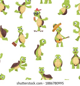 Turtles pattern. Funny kids cartoon turtle, happy cute animals vector seamless texture