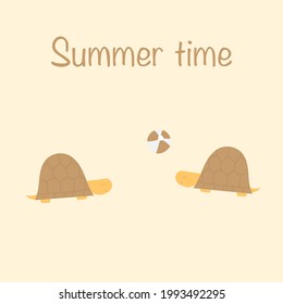 Turtles playing ball on the sand in summer. Vector illustration