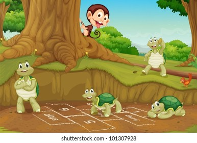 Turtles playing hopscotch on white