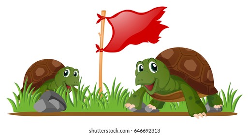 Turtles and red flag in garden illustration