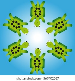 Turtles in ring on blue background. Vector illustration.
