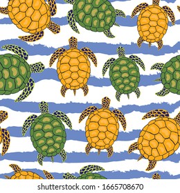 Turtles, sea, animal, fashion vector seamless pattern on white background . Concept for wallpaper, wrapping paper , cards 