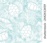 Turtles and sea creatures on waves background.   Art sea seamless pattern.  Perfect for wallpaper, wrapping, fabric, print and textile. Hand drawn vector illustration.