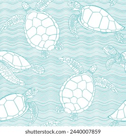 Turtles. Sea creatures on waves background. Abstract seamless pattern. Monochrome.  Hand drawn  vector illustration. Perfect for design templates, wallpaper, wrapping, fabric,  print and textile.