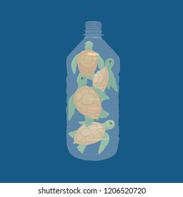 Turtles in the sea inside of a plastic bottle, representing ecological problems, pollution and contamination with plastic waste.  