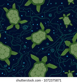 Turtles in sea water ocean - Seamless pattern. World Turtle Day May 23, save nature, Earth ocean protection. Use for web pages, postcards, printing of flyers, stickers, wallpaper, wrappers, background