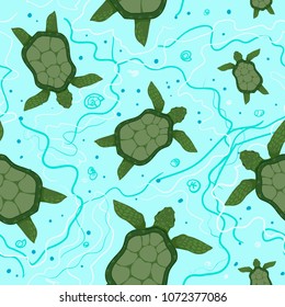 Turtles in sea water ocean - Seamless pattern. World Turtle Day May 23, save nature, Earth ocean protection. Use for web pages, postcards, printing of flyers, stickers, wallpaper, wrappers background
