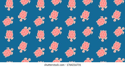 Turtles seamless pattern. Doodle hand drawn editable sea illustration. Blue marine cartoon tortoise endless background 