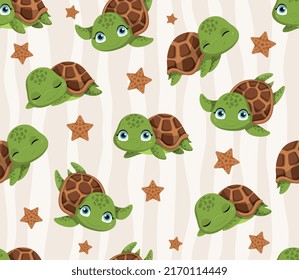 Patrón de tortugas sin soldadura. Imagen repetitiva para imprimir en ropa de cama infantil. Representantes del mundo submarino, animales marinos. Personajes de ficción para niños. Dibujo vectorial plano de dibujos animados