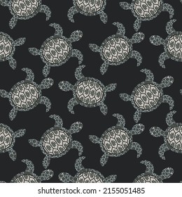 Turtles seamless pattern. Sea animal world under water. Ocean turtles dark backgroud