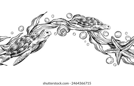 Turtles, seaweed in the shape of a wave with starfish and water bubbles. Graphic illustration hand drawn in black ink. Seamless pattern border EPS vector.