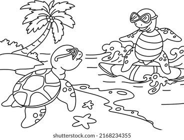 turtles Skateboarding on the beach cartoon cute coloring page for kids vector