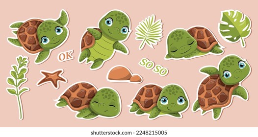 Pegatinas de tortugas puestas. Colección de reacciones para mensajeros instantáneos y redes sociales. Animales tropicales y exóticos, océano y mar. Ilustraciones de caricaturas de vectores planos aisladas en fondo verde