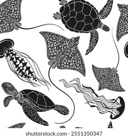 Turtles, stingrays and jellyfish. Stylish black and white seamless pattern on  marine theme. Vector hand-drawn illustration.  Silhouettes. Perfect for design templates, wallpaper, wrapping, fabric.