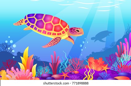 Turtles swimming in the ocean. Beautiful seabed and color corals 