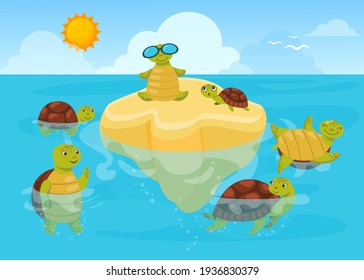 Turtles swimming in sea water and sunbathing. Happy cute animals in nature. Flat vector illustration. Tortoises mascots on summer vacation concept