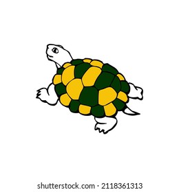 turtles that have green and yellow shells are facing to the left. simple illustration.