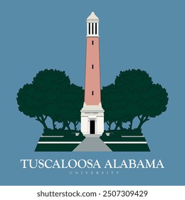 tuscaloosa alabama university main tower building eps file for print on shirts and tees, coleman coliseum, denny chimes, rhoads stadium, druid city, tuscaloosa, alberta city, woodland hills