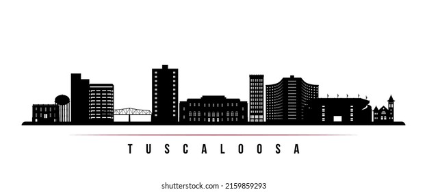 Banner horizontal en el horizonte de Tuscaloosa. Silueta blanca y negra de Tuscaloosa, Alabama. Plantilla de vectores para su diseño. 