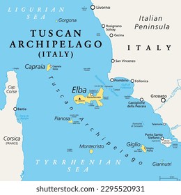 Tuscan Archipelago, Italy, political map. Chain of islands between Ligurian Sea and Tyrrhenian Sea, west of Tuscany, between Corsica and Italian Peninsula. Most known islands are Elba and Montecristo.