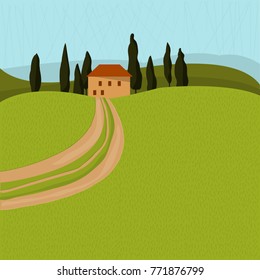 Tuscan house in the trees. Landscape with a road. Vector illustration