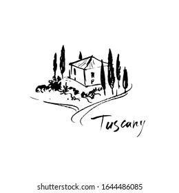 Tuscan landscape illustration  Ink drawing 