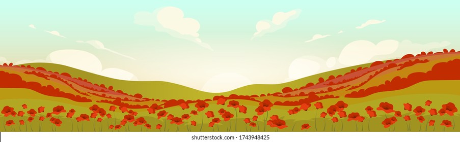 Tuscan poppy field at sunrise flat color vector illustration. Serene summer 2D cartoon landscape. Meadow with red wild flowers. Hillside scenery at sunset