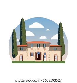 Tuscan Villa illustration. Flat design Italian architecture