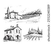 Tuscan Villa or Provence rough sketched abstract digital illustration, wedding invitation, winery concept. Vineyards landscapes