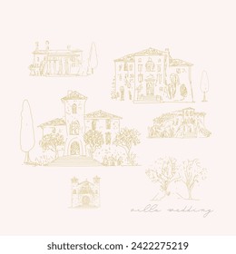 Tuscan Villa or Provence rough sketched abstract vector illustration, wedding invitation, winery concept