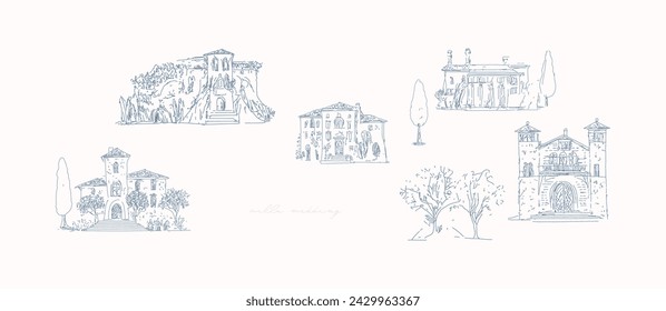 Tuscan Villa or Provence rough sketched abstract digital illustration, wedding invitation, winery concept