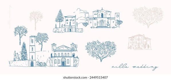 Tuscan Villa or Provence rough sketched abstract digital illustration, wedding invitation, winery concept