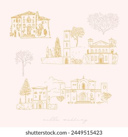 Tuscan Villa or Provence rough sketched abstract vector illustration, wedding invitation, winery concept