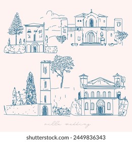 Tuscan Villa or Provence rough sketched abstract digital illustration, wedding invitation, winery concept