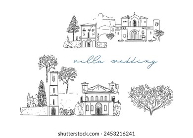 Tuscan Villa or Provence rough sketched abstract digital illustration, wedding invitation, winery concept