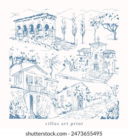 Toskanische Villa oder Provence grob skizziert abstrakte digitale Illustration, Hochzeitseinladung, Weinkeller Konzept