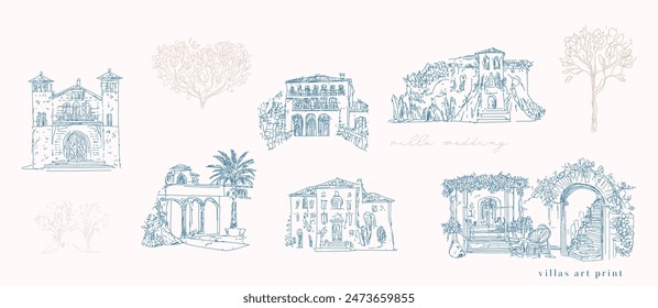 Toskanische Villa oder Provence grob skizziert abstrakte digitale Illustration, Hochzeitseinladung, Weinkeller Konzept