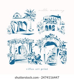 Toskanische Villa oder Provence grob skizziert abstrakte digitale Illustration, Hochzeitseinladung, Weinkeller Konzept