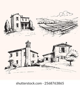 Tuscan Villa or Provence rough sketched abstract digital illustration, wedding invitation, winery concept. Vineyards landscapes