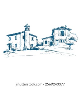 Tuscan Villa or Provence rough sketched abstract digital illustration, wedding invitation, winery concept. Vineyards landscapes