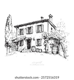 Tuscan Villa or Provence rough sketched abstract digital illustration, wedding invitation, winery concept. Vineyards landscapes