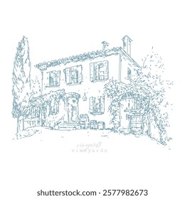 Tuscan Villa or Provence rough sketched abstract digital illustration, wedding invitation, winery concept. Vineyards landscapes